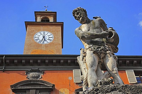 Statue of Crostolo, Piazza Prampolini, Palazzo del Monte di Pieta, Reggio Emilia, Emilia Romagna, Italy, Europe