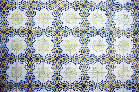 Azulejos, tiles, in the town of Tavira, eastern Algarve, Portugal, Europe