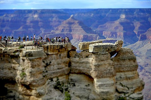 Miniature view, toy view, tilt-shift-effect, tourists on the lookout at Mather Point, Isis Temple at back Grand Canyon National Park, South Rim, Arizona, United States of America, USA