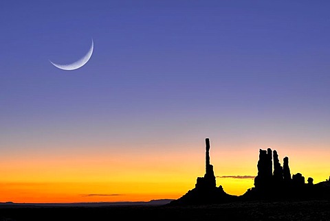 Totem Pole and Yei Bi Chei rock formations, silhouetted before sunrise, dawn, moon, Monument Valley Navajo Tribal Park, Navajo Nation Reservation, Arizona, Utah, United States of America, composite image