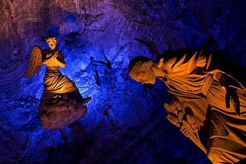 Figures of the Holy Family in the underground Salt Cathedral of Zipaquira, Cundinamarca, Colombia, South America