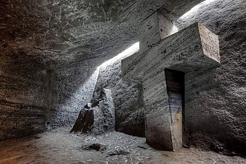 Stone shaped cross in the underground Salt Cathedral of Zipaquira, Cundinamarca, Colombia, South America