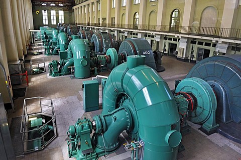 Hall with turbines and generators, Walchensee Power Plant, Bavaria, Germany, Europe