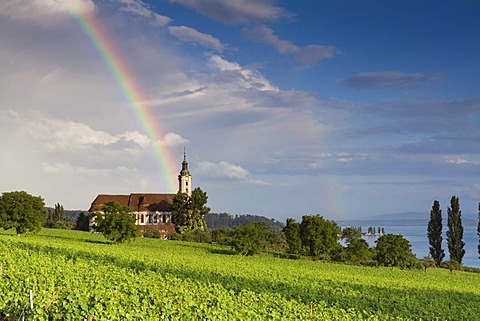 Rainbow over the Birnau pilgrimage church on Lake Constance, Lake Constance area, Baden-Wuerttemberg, Germany, Europe, PublicGround