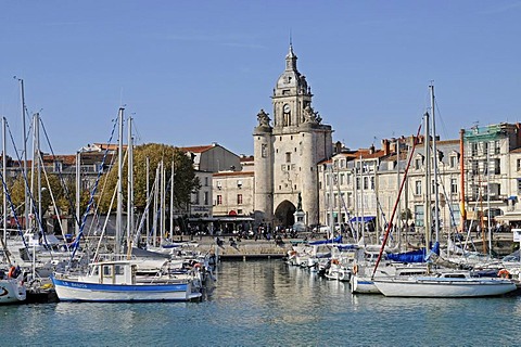 Boats, Porte de la Grosse Horloge, city gate, port, promenade, La Rochelle, Charente-Maritime, Poitou-Charentes, France, Europe, PublicGround