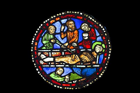 Stained glass roundel depicting St Vincent on the gridiron, made between about 1225-1250 by a French artist, Stained Glass Museum in Ely Cathedral, Ely, England, United Kingdom, Europe