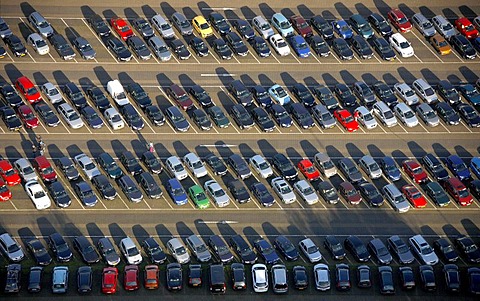 Aerial view, car park, Movie Park Germany, Bottrop Kirchhellen, Ruhr Area, North Rhine-Westphalia, Germany, Europe