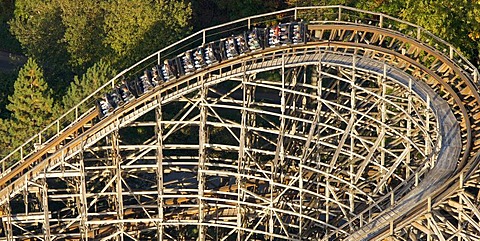 Aerial view, wooden roller coaster, The Bandit, Movie Park Germany, amusement park, Bottrop Kirchhellen, Ruhr Area, North Rhine-Westphalia, Germany, Europe