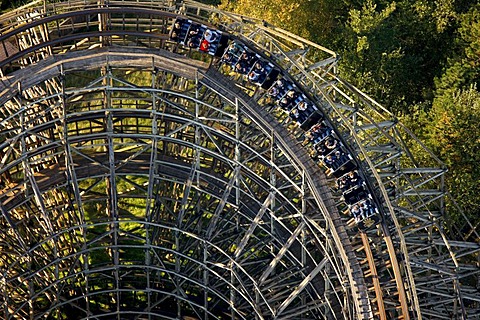 Aerial view, wooden roller coaster, The Bandit, Movie Park Germany, amusement park, Bottrop Kirchhellen, Ruhr Area, North Rhine-Westphalia, Germany, Europe