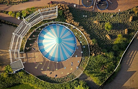 Aerial view, Pier Side Carousel, chairoplane, Movie Park Germany, amusement park, Bottrop Kirchhellen, Ruhr Area, North Rhine-Westphalia, Germany, Europe