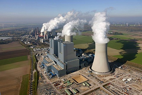 Aerial view, old and new power plants, lignite-fired power plant, RWE-Power, Niederaussem, Rhineland, North Rhine-Westphalia, Germany, Europe
