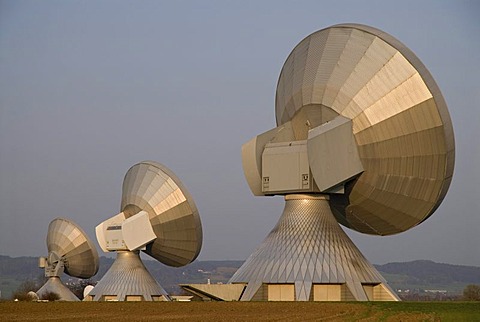 Satellite dishes of Erdfunkstelle Raisting, satellite earth station, Upper Bavaria, Germany, Europe