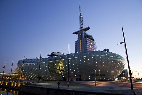 Klimahaus building, Conference Center, Sail City, Havenwelten, twilight, Bremerhaven, Weser River, North Sea, Lower Saxony, Germany, Europe, PublicGround