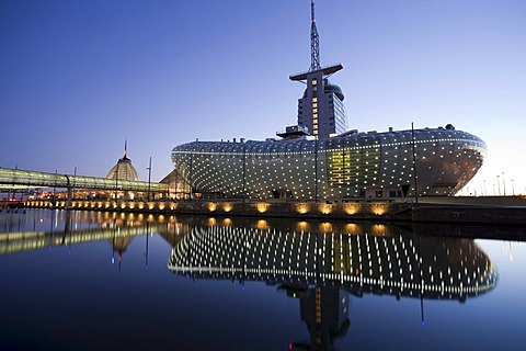 Klimahaus building, Conference Center, Sail City, Havenwelten, twilight, Bremerhaven, Weser River, North Sea, Lower Saxony, Germany, Europe, PublicGround