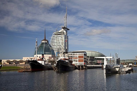 Museumshafen habour, Klimahaus building, Mediterraneo shopping mall, Conference Center, Sail City, Havenwelten, Bremerhaven, Weser River, North Sea, Lower Saxony, Germany, Europe, PublicGround