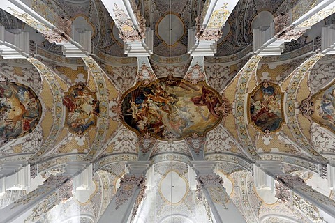 Ceiling frescoes including the Asam brothers, Heilig-Geist-Kirche, Holy Spirit Church, Viktualienmarkt, Munich, Bavaria, Germany, Europe