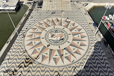 Large compass in the pavement outside the Padrao dos Descobrimentos, Monument to the Discoveries, monument with major Portuguese seafaring figures on the banks of the Rio Tejo, Tagus river, Belem, Lisbon, Portugal, Europe