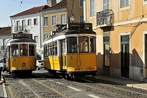 Tram lines 12 and 28 meet at the viewpoint Portas do Sol, Alfama, Lisbon, Lisboa, Portugal, Europe