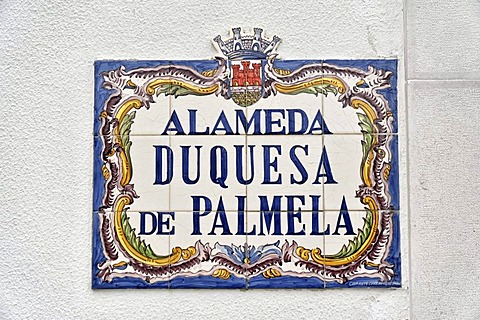 Road sign, azulejos, Cascais, Lisbon, Portugal, Europe