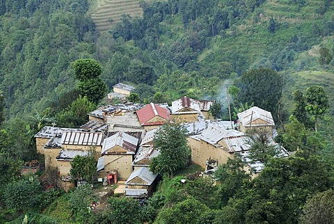 Houses, hilly landscape, highland near Nagarkot, Bhaktapur, Kathmandu Valley, Nepal, Asia