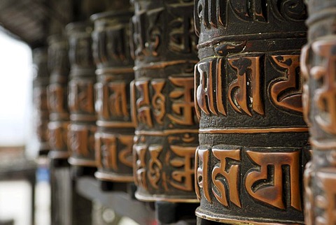 Prayer wheels in the Swayambhunath temple, Kathmandu, Nepal, Asia