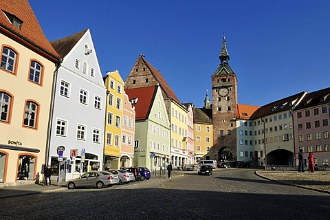 Schmalzturm, historic tower, at the central town square in the historic town of Landsberg am Lech, Upper Bavaria, Germany, Europe