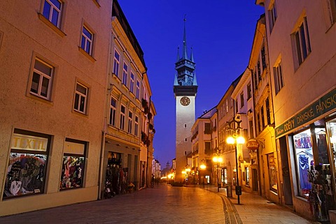 Town hall tower in the historic town of Znojmo at dusk, South Moravia, Moravia, Czech Republic, Europe