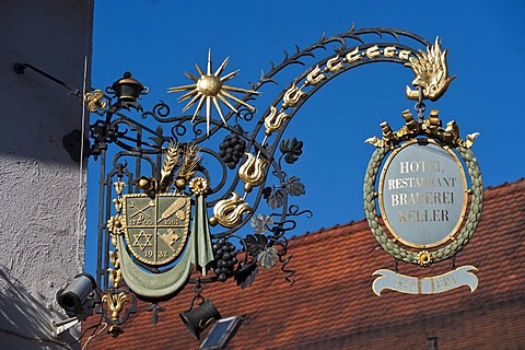 Wrought iron sign, Hotel Restaurant Brauerei-Keller, Miltonberg, Lower Franconia, Franconia, Bavaria, Germany, Europe