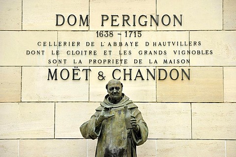 Statue of DomPerignon, Moet & Chandon winery, headquarters, luxury goods group LVMH, Louis Vuitton Moet Hennessy, epernay, Champagne, Marne, France, Europe, PublicGround