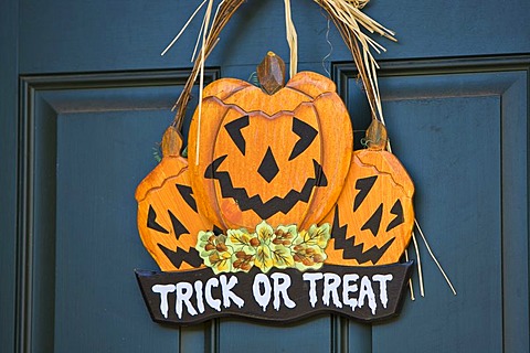 Halloween decoration on a front door, Boston, Connecticut, New England, USA