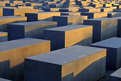 Concrete pillars of the Holocaust Memorial at sunrise, Memorial to the Murdered Jews of Europe, architect Peter Eisenman, Tiergarten district, Mitte, Berlin, Germany, Europe