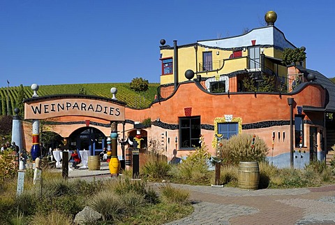 "Im Weinparadies", a Hundertwasser house, Hirn vineyard estate, a project initiated by Friedensreich Hundertwasser and completed by his assistant architect Heinz M. Springmann after his death, a vineyard estate surrounded by vineyards, Untereisenheim, dis