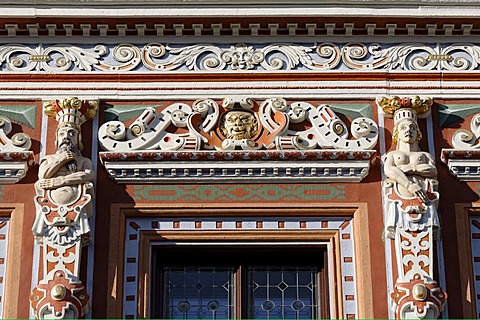 Sculptural decoration on the Zum breiten Herd building, a Renaissance town house, historic district, Erfurt, Thuringia, Germany, Europe