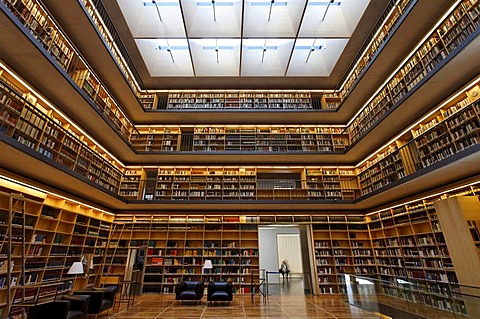 Bookshelves in the Kubus hall, study center of the Duchess Anna Amalia Library in Weimar, Thuringia, Germany, Europe