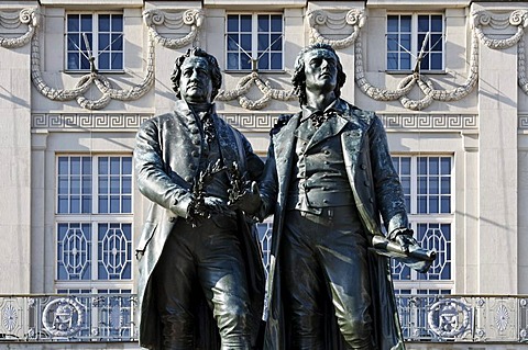 Goethe and Schiller monument in front of the Deutsches Nationaltheater theatre in Weimar, Thuringia, Germany, Europe