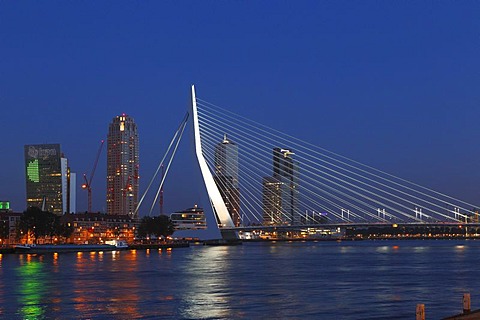 Erasmusbrug bridge and Kop van Zuid district on the Meuse or Maas River, Rotterdam, Holland, the Netherlands, Europe