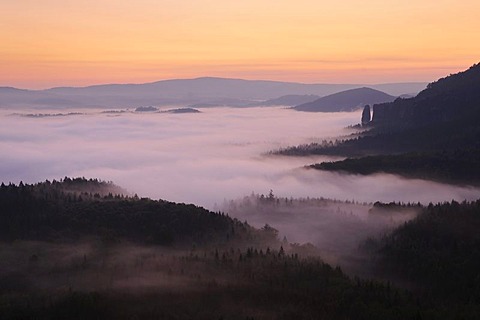 Fog in the Elbe Sandstone Mountains, overlooking Nasser Grund with Blossstock rock at back, Saxony, Germany, Europe