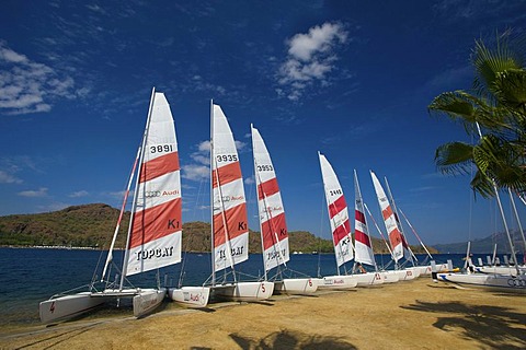 Catamarans on the beach of the D-Hotel Maris in Marmaris, Turkish Aegean Coast, Turkey