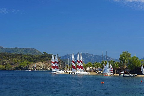 Catamarans on the beach of the D-Hotel Maris in Marmaris, Turkish Aegean Coast, Turkey