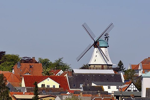 Amanda mill with a historic sawmill above the roofs of Kappeln, town on the Schlei river, Schleswig-Flensburg district, Schleswig-Holstein, Germany, Europe