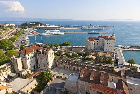 View over Split and the port from the open colonnade of the campanile of Split Cathedral, Split, Central Dalmatia, Dalmatia, Adriatic coast, Croatia, Europe, PublicGround