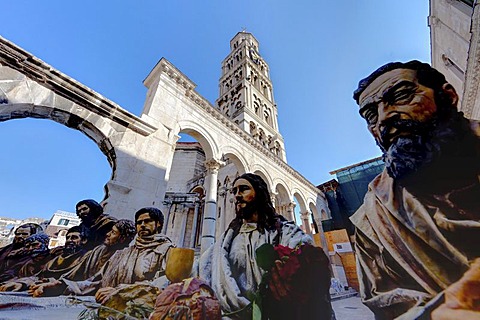 Diocletian's Palace, square between Peristyle and Split Cathedral, sculpture of Christ and the 12 apostles at the Last Supper, historic town centre, Split, Central Dalmatia, Dalmatia, Adriatic coast, Croatia, Europe, PublicGround