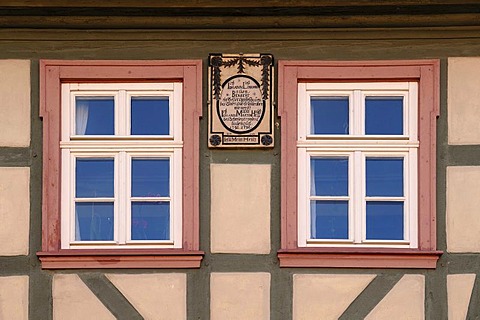 Two windows of an old half-timbered house, c 1790, with inscription of the owner, Koenigsberg, Lower Franconia, Bavaria, Germany, Europe