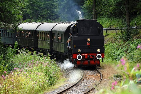 Steam locomotive from 1930 on a special trip in the Franconian Switzerland from Ebermannstadt to Muggendorf, Muggendorf, Upper Franconia, Germany, Europe