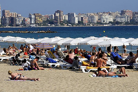 Bathers sunbathing on the beach, Playa del Postiguet, Alicante, Costa Blanca, Spain, Europe