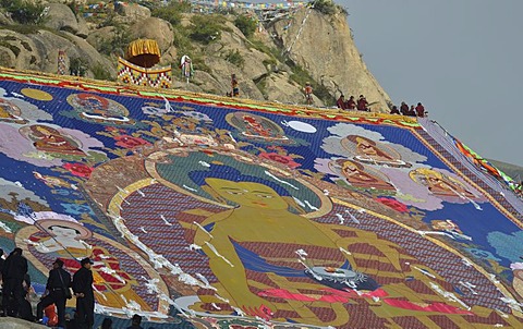 Tibetan Buddhism, Shoton or Shodon Festival with the unrolling of the huge thangka, a silk painting depicting Buddha, Drepung Monastery, Lhasa, Tibet, China, Asia