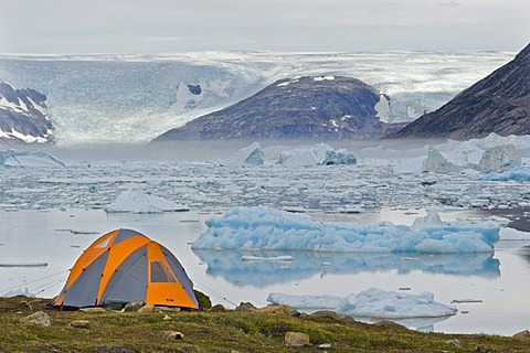 Tent overlooking the continental ice sheet, Johan Petersen Fjord, East Greenland, Greenland