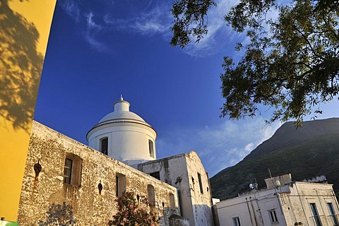 Church of Stromboli and Mt Stromboli, Aeolian Islands or Lipari Islands, Sicily, Southern Italy, Italy, Europe