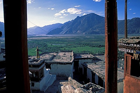 View from the Diskit Monastery, Deskit Gompa, over the Nubra Valley, Gompa, Hunder, Ladakh, Indian Himalayas, Jammu and Kashmir, northern India, India, Asia