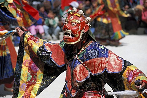 Cham dancer wearing a red mask, Tibetan mask dance, Tibetan festival of a monastery, Sani, near Padum, Zanskar, Ladakh, Indian Himalayas, Jammu and Kashmir, northern India, India, Asia